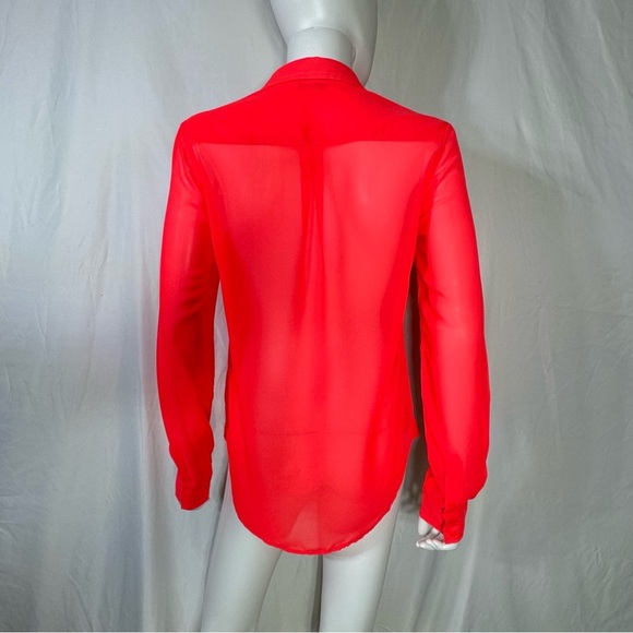 American Eagle Women’s Neon Coral Sheer Long Sleeve Button Down Blouse - Picture 3 of 7